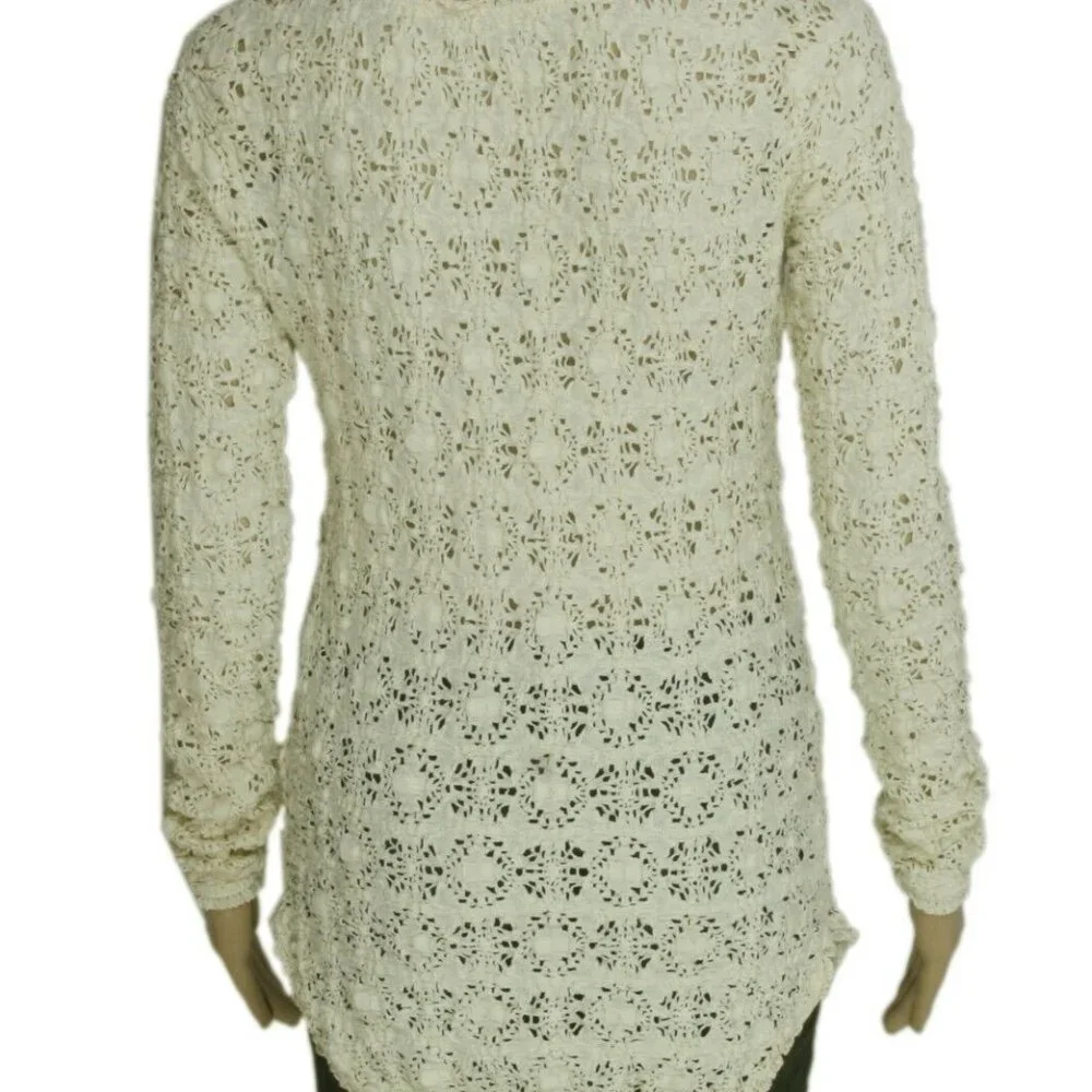 Free People Floral Pattern Lace Long Sleeve Ivory Casual Top M NEW